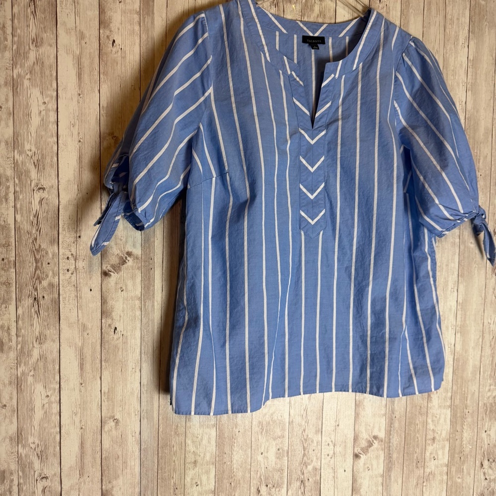 Talbots Blue Fancy Stripe Tie Sleeve Top - Picture 3 of 9